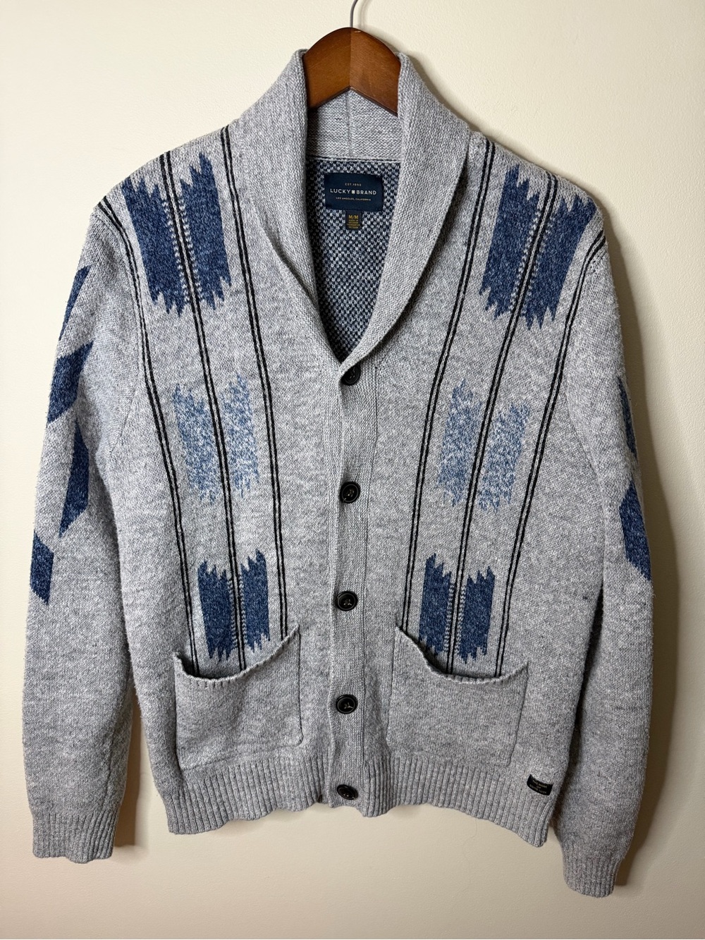 Lucky Brand Gray Cardigan with Blue Patterned Accents